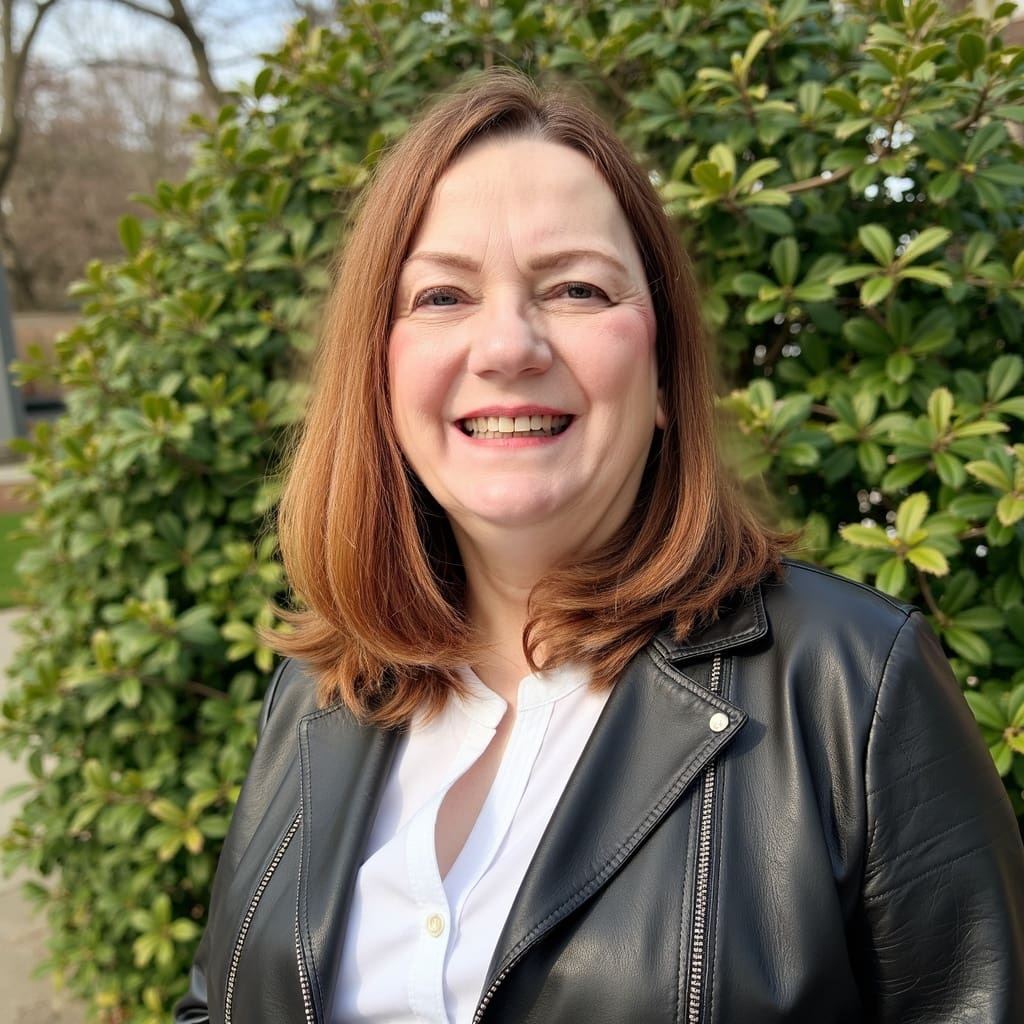 Smiling woman outdoors wearing black leather jacket